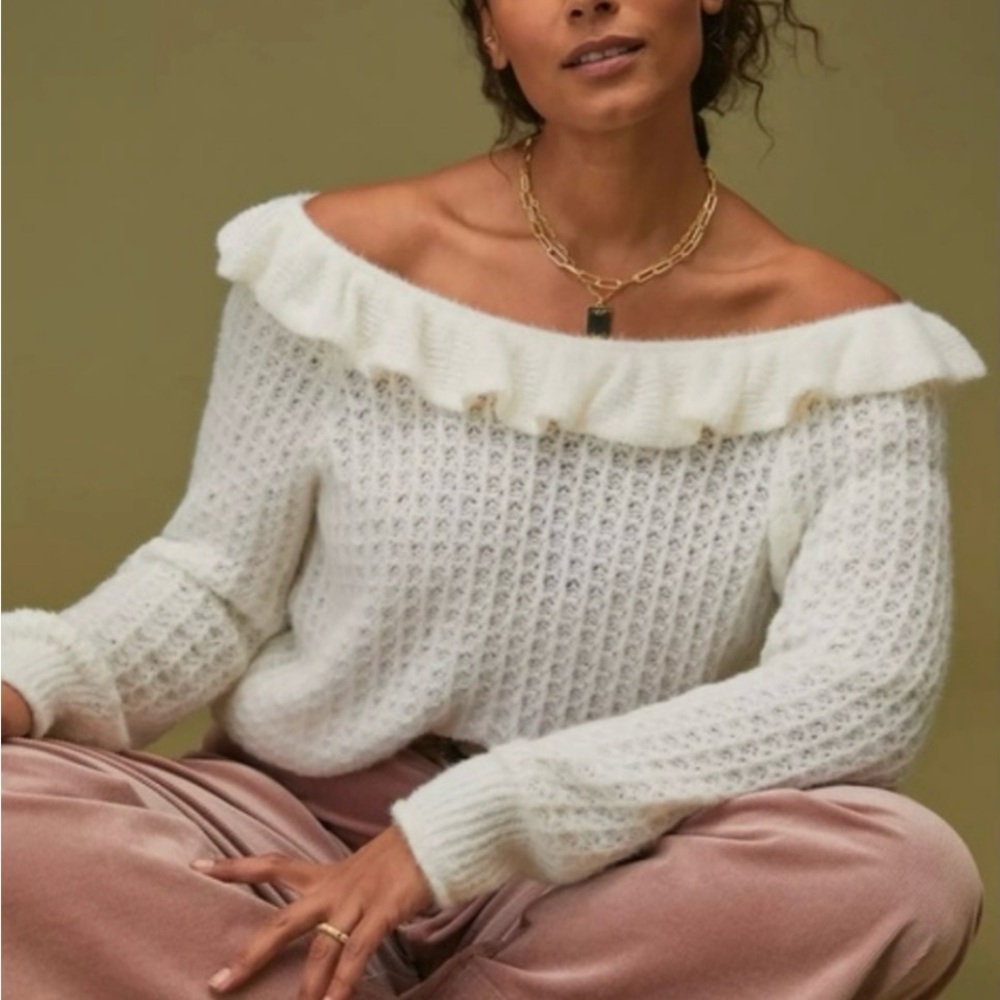 Anthropologie White Ruffle Off-Shoulder Open Knit Sweater Cottagecore Romantic M